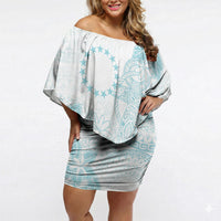 Turquoise Kuki Airani Tapakau Off Shoulder Short Dress Tribal Anchor Mix Tiare LT7 Women Turquoise - Polynesian Pride