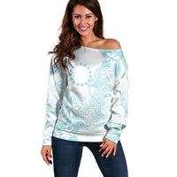 Turquoise Kuki Airani Tapakau Off Shoulder Sweater Tribal Anchor Mix Tiare