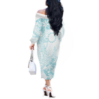 Turquoise Kuki Airani Tapakau Off The Shoulder Long Sleeve Dress Tribal Anchor Mix Tiare LT7 - Polynesian Pride