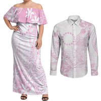 Candy Pink Kuki Airani Tapakau Couples Matching Off Shoulder Maxi Dress and Long Sleeve Button Shirt Tribal Anchor Mix Tiare LT7 Candy Pink - Polynesian Pride