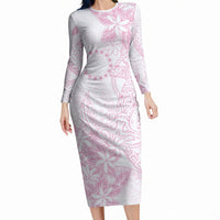Candy Pink Kuki Airani Tapakau Long Sleeve Bodycon Dress Tribal Anchor Mix Tiare LT7 Long Dress Candy Pink - Polynesian Pride