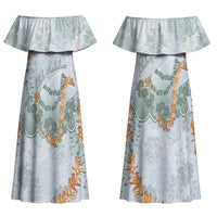 Hawaii Kaho'olawe Island Flowers Lei Couples Matching Off Shoulder Maxi Dress and Long Sleeve Button Shirt Silver Hinahina Kū Kahakai