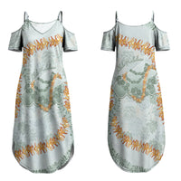 Hawaii Kaho'olawe Island Flowers Lei Couples Matching Summer Maxi Dress and Long Sleeve Button Shirt Silver Hinahina Kū Kahakai