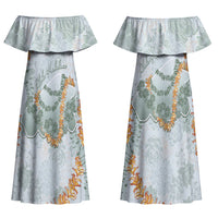 Hawaii Kaho'olawe Island Flowers Lei Family Matching Off Shoulder Maxi Dress and Hawaiian Shirt Silver Hinahina Kū Kahakai