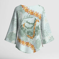 Hawaii Kaho'olawe Island Flowers Lei Kimono Sleeve Blouse Silver Hinahina Kū Kahakai