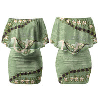 Hawaii Molokai Island Flowers Lei Couples Matching Off Shoulder Short Dress and Hawaiian Shirt Kukui Nut Mossy Green