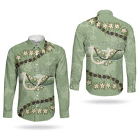 Hawaii Molokai Island Flowers Lei Couples Matching Short Sleeve Bodycon Dress and Long Sleeve Button Shirt Kukui Nut Mossy Green LT7 - Polynesian Pride