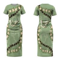 Hawaii Molokai Island Flowers Lei Couples Matching Short Sleeve Bodycon Dress and Long Sleeve Button Shirt Kukui Nut Mossy Green