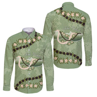 Hawaii Molokai Island Flowers Lei Family Matching Long Sleeve Bodycon Dress and Hawaiian Shirt Kukui Nut Mossy Green