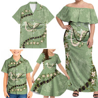 Hawaii Molokai Island Flowers Lei Family Matching Off Shoulder Maxi Dress and Hawaiian Shirt Kukui Nut Mossy Green