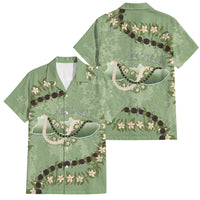 Hawaii Molokai Island Flowers Lei Family Matching Puletasi and Hawaiian Shirt Kukui Nut Mossy Green