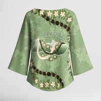 Hawaii Molokai Island Flowers Lei Kimono Sleeve Blouse Kukui Nut Mossy Green