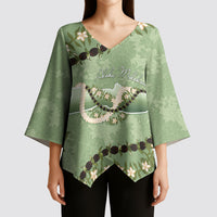 Hawaii Molokai Island Flowers Lei Kimono Sleeve Blouse Kukui Nut Mossy Green