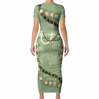 Hawaii Molokai Island Flowers Lei Short Sleeve Bodycon Dress Kukui Nut Mossy Green
