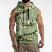 Hawaii Molokai Island Flowers Lei Sleeveless Hoodie Kukui Nut Mossy Green