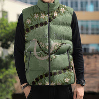 Hawaii Molokai Island Flowers Lei Sleeveless Puffer Jacket Kukui Nut Mossy Green