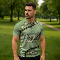 Hawaii Molokai Island Flowers Lei Zipper Polo Shirt Kukui Nut Mossy Green