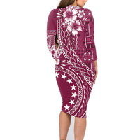 Kia Orana Cook Islands Family Matching Long Sleeve Bodycon Dress and Hawaiian Shirt Tiare and Stars - Maroon LT7 - Polynesian Pride