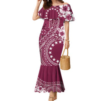 Kia Orana Cook Islands Family Matching Mermaid Dress and Hawaiian Shirt Tiare and Stars - Maroon LT7 Mom's Dress Maroon - Polynesian Pride