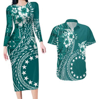 Kia Orana Cook Islands Couples Matching Long Sleeve Bodycon Dress and Hawaiian Shirt Tiare and Stars - Teal LT7 Teal - Polynesian Pride