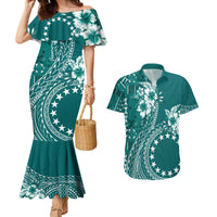 Kia Orana Cook Islands Couples Matching Mermaid Dress and Hawaiian Shirt Tiare and Stars - Teal LT7 Teal - Polynesian Pride