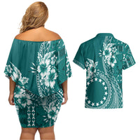 Kia Orana Cook Islands Couples Matching Off Shoulder Short Dress and Hawaiian Shirt Tiare and Stars - Teal LT7 - Polynesian Pride