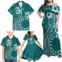 Kia Orana Cook Islands Family Matching Off Shoulder Maxi Dress and Hawaiian Shirt Tiare and Stars - Teal LT7 - Polynesian Pride