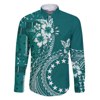 Kia Orana Cook Islands Family Matching Off Shoulder Short Dress and Hawaiian Shirt Tiare and Stars - Teal LT7 Dad's Shirt - Long Sleeve Teal - Polynesian Pride