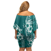 Kia Orana Cook Islands Family Matching Off Shoulder Short Dress and Hawaiian Shirt Tiare and Stars - Teal LT7 - Polynesian Pride