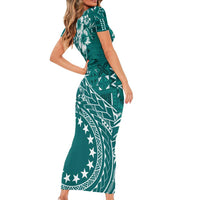 Kia Orana Cook Islands Family Matching Short Sleeve Bodycon Dress and Hawaiian Shirt Tiare and Stars - Teal LT7 - Polynesian Pride