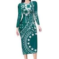 Kia Orana Cook Islands Long Sleeve Bodycon Dress Tiare and Stars - Teal LT7 Long Dress Teal - Polynesian Pride