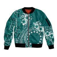 Kia Orana Cook Islands Sleeve Zip Bomber Jacket Tiare and Stars - Teal LT7 Unisex Teal - Polynesian Pride