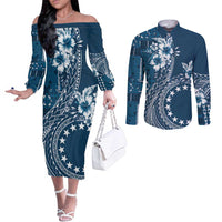 Kia Orana Cook Islands Couples Matching Off The Shoulder Long Sleeve Dress and Long Sleeve Button Shirt Tiare and Stars - Navy Blue LT7 Navy Blue - Polynesian Pride