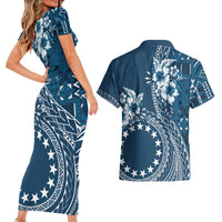 Kia Orana Cook Islands Couples Matching Short Sleeve Bodycon Dress and Hawaiian Shirt Tiare and Stars - Navy Blue LT7 - Polynesian Pride