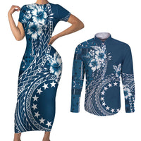Kia Orana Cook Islands Couples Matching Short Sleeve Bodycon Dress and Long Sleeve Button Shirt Tiare and Stars - Navy Blue LT7 Navy Blue - Polynesian Pride