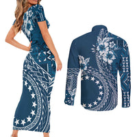 Kia Orana Cook Islands Couples Matching Short Sleeve Bodycon Dress and Long Sleeve Button Shirt Tiare and Stars - Navy Blue LT7 - Polynesian Pride