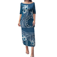 Kia Orana Cook Islands Family Matching Puletasi and Hawaiian Shirt Tiare and Stars - Navy Blue LT7 Mom's Dress Navy Blue - Polynesian Pride