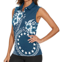 Kia Orana Cook Islands Women Sleeveless Polo Shirt Tiare and Stars - Navy Blue