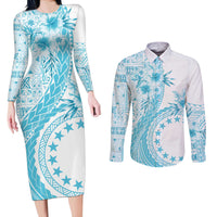 Kia Orana Cook Islands Couples Matching Long Sleeve Bodycon Dress and Long Sleeve Button Shirt Tiare and Stars - Turquoise LT7 Turquoise - Polynesian Pride