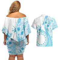 Kia Orana Cook Islands Couples Matching Off Shoulder Short Dress and Hawaiian Shirt Tiare and Stars - Turquoise LT7 - Polynesian Pride