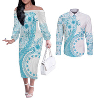 Kia Orana Cook Islands Couples Matching Off The Shoulder Long Sleeve Dress and Long Sleeve Button Shirt Tiare and Stars - Turquoise LT7 Turquoise - Polynesian Pride