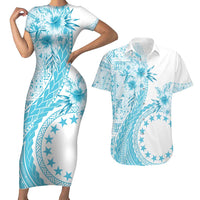 Kia Orana Cook Islands Couples Matching Short Sleeve Bodycon Dress and Hawaiian Shirt Tiare and Stars - Turquoise LT7 Turquoise - Polynesian Pride