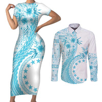 Kia Orana Cook Islands Couples Matching Short Sleeve Bodycon Dress and Long Sleeve Button Shirt Tiare and Stars - Turquoise LT7 Turquoise - Polynesian Pride