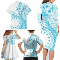 Kia Orana Cook Islands Family Matching Long Sleeve Bodycon Dress and Hawaiian Shirt Tiare and Stars - Turquoise LT7 - Polynesian Pride