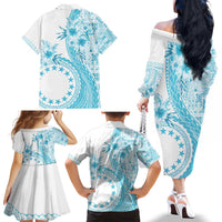 Kia Orana Cook Islands Family Matching Off The Shoulder Long Sleeve Dress and Hawaiian Shirt Tiare and Stars - Turquoise LT7 - Polynesian Pride