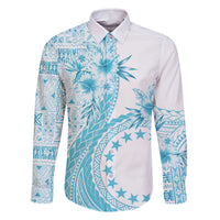 Kia Orana Cook Islands Family Matching Off The Shoulder Long Sleeve Dress and Hawaiian Shirt Tiare and Stars - Turquoise LT7 Dad's Shirt - Long Sleeve Turquoise - Polynesian Pride