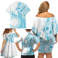 Kia Orana Cook Islands Family Matching Off Shoulder Short Dress and Hawaiian Shirt Tiare and Stars - Turquoise LT7 - Polynesian Pride
