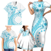 Kia Orana Cook Islands Family Matching Short Sleeve Bodycon Dress and Hawaiian Shirt Tiare and Stars - Turquoise LT7 - Polynesian Pride