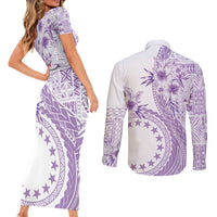 Kia Orana Cook Islands Couples Matching Short Sleeve Bodycon Dress and Long Sleeve Button Shirt Tiare and Stars - Lavender LT7 - Polynesian Pride