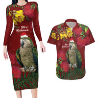 Kakapo Bird New Zealand Couples Matching Long Sleeve Bodycon Dress and Hawaiian Shirt Floral Christmas LT7 Red - Polynesian Pride